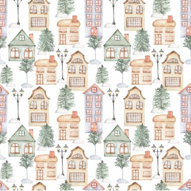 Seamless watercolor pattern with cute scandinavian houses and trees. Hand-drawn repeat paper . Design for clothing, textiles, postcards, wallpapers and wrappers