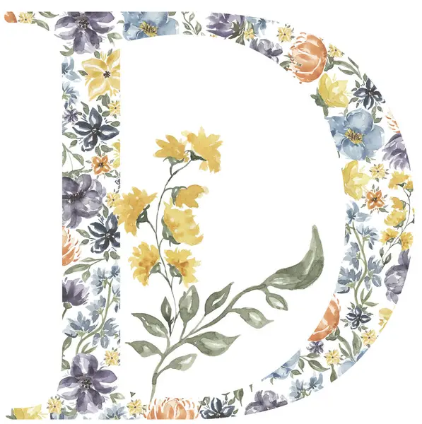 Wildflowers D letter clipart, Blossom Alphabet Design. Watercolor Floral monogram illustration isolated on white background.