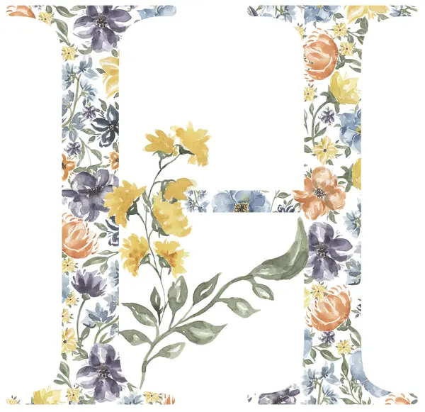 Wildflowers H letter clipart, Blossom Alphabet Design. Watercolor Floral monogram illustration isolated on white background.