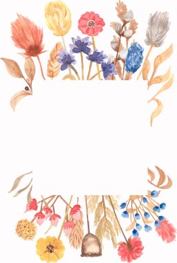 El çizimi suluboya kır çiçekleri çelengi çizimi. Suluboya Çelenk Çerçevesi, Kurutulmuş Bitki Kesme Sanatı, Klasik Tarla Çiçekleri, Herbaryum, Düğün Davetiyeleri, Logo