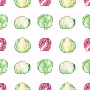 Suluboya el, sebzelerle kusursuz desen çizmiş. Taze Gıda Tekrar Kağıdı. Kırmızı lahana ve karnabahar tekstil baskısı.