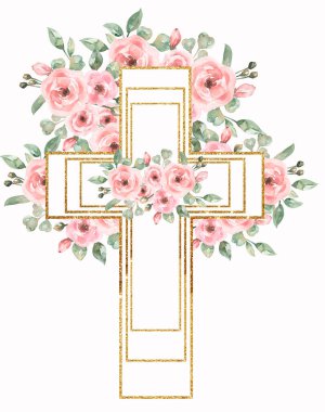 Cross Clipart, suluboya Hıristiyan altın haçı pembe çiçekli buket, vaftiz haçı klipsli sanat, düğün davetiyeleri, kutsal ruh, dini illüstrasyon