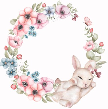 Tatlı uyuyan tavşan, şakayık çiçekli Paskalya tavşanı ve yaban çiçekleri çerçevesi, narin bahar çelengi. Kelebekler, böğürtlenler, yeşillik sınırı. Paskalya seti, kartpostal.