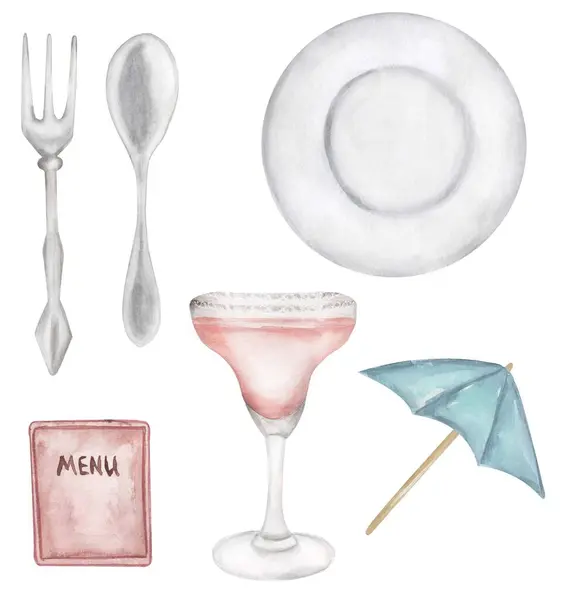 stock image Watercolor restaurant serve supplies elements illustration,  folk, spoon, plate, menu card and beverage with umbrella clipart set