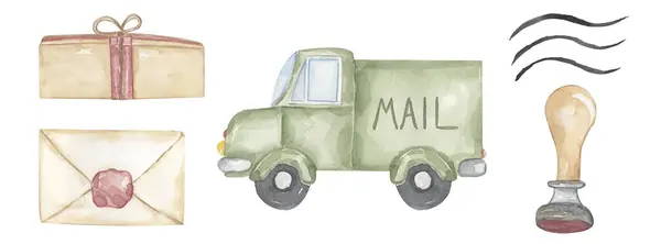 stock image Watercolor post office clipart set, hand drawn mail car, envelope with letter, package and stamp illustration. cute children graphics 