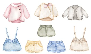 Suluboya, şirin çocuk kıyafetleri, çizilmiş bebek eteği ve ceket koleksiyonu olan şortlar.
