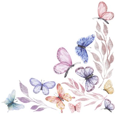 Suluboya kelebekler ve yapraklar köşe kenarı, flora çerçeve resimleme