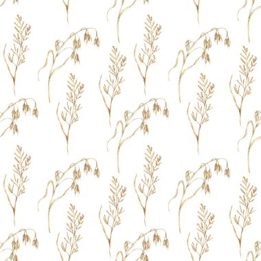 Suluboya el yulaf dalı ve tarla çimenleri pürüzsüz desen, grafik çayır bitkileri bej renkli kağıtları tekrarlıyorlar.