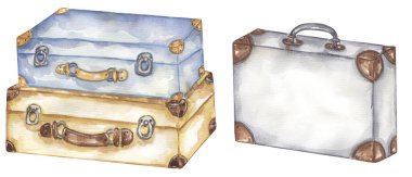 Suluboya el çizimi bavullar çizim seti, seyahat valizleri.