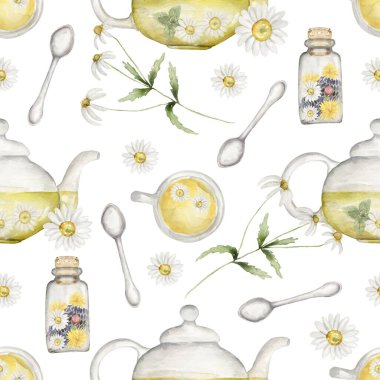 suluboya bitkisel çay. Kavanozda papatya çiçeği, kaşık, çaydanlık ve kurutulmuş çiçekler var.