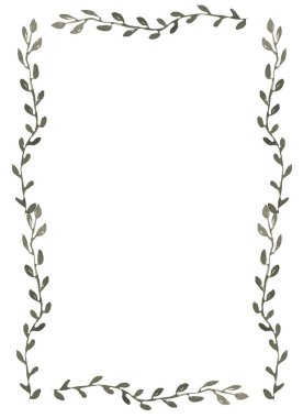 Suluboya hassas yeşil çerçeve dağılımı, dal çelengi çizimi, düğün davetiyesi, grafik flora klipsi sanatı