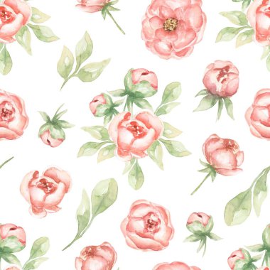 Suluboya Çiçekler Kusursuz Şablon, pembe şakayık güller Tekrar kağıt, narin çiçek desenleri