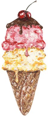 Waffle konisi içinde akrilik el boyama, akril tatlı yaz yemeği baskısı.