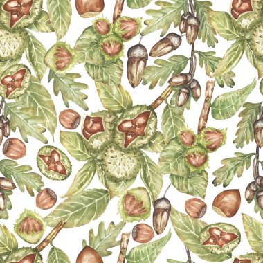 Kestane, meşe palamudu ve fındıklı dikişsiz sonbahar yaprağı deseni, hasat bitkisi