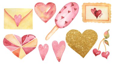 Pembe, sarı ve altın renkli sevgililer günü seti, suluboya el çizimi aşk günü elementleri, altın kalp, dondurma klipsi sanatı, zarf klipsi.