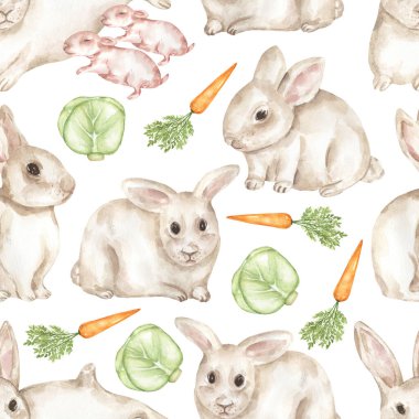 Suluboya beyaz tavşan, havuç ve lahanasız desenli yeni doğmuş tavşanlar, tekrar eden vahşi hayvanlar.