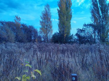 Bir köyün üzerinde çok renkli bulutlar uçuşuyor.