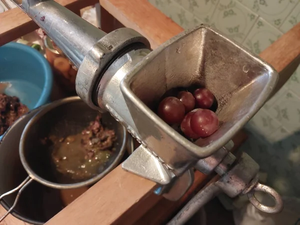 用螺杆手动肉磨机压榨葡萄汁 — 图库照片