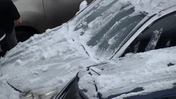 冬の雪から車を磨く — ストック動画