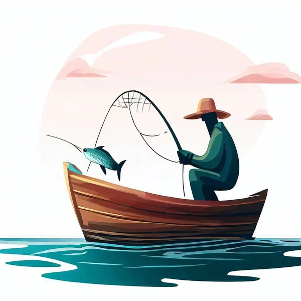 Rybář Rybaření Lodi Ilustrace — Stock fotografie