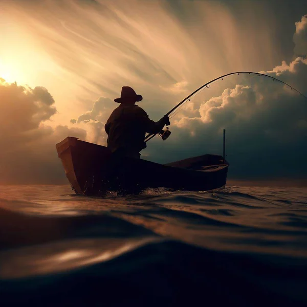 漁船からの漁師釣りイラスト — ストック写真