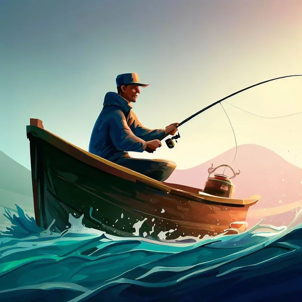 Pescador Que Pesca Del Barco Ilustración — Foto de Stock