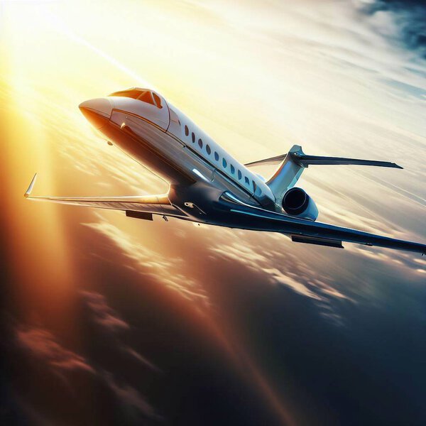 Flying business jet flies in a the sky