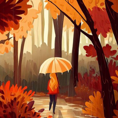 Bir kız yağmur altında sonbahar ormanlarında yürür.