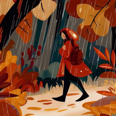 Bir kız yağmur altında sonbahar ormanlarında yürür.