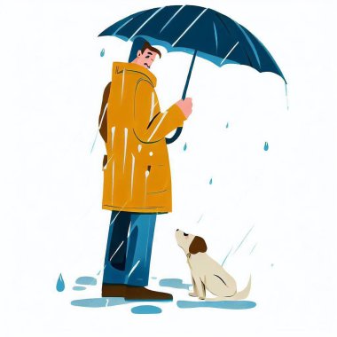 Yağmurluk giymiş, yağmurda köpek resimli bir adam.