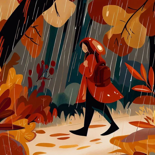 雨の中少女が秋の森を歩く — ストック写真