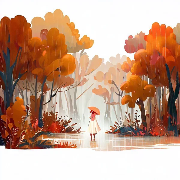 Uma Menina Caminha Pela Floresta Outono Uma Chuva — Fotografia de Stock