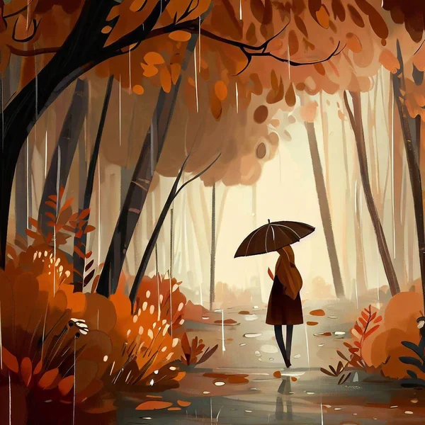一个女孩在雨中走过秋天的森林 — 图库照片