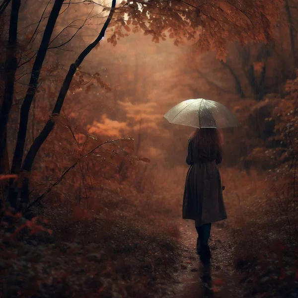 Ein Mädchen Geht Regen Durch Den Herbstlichen Wald — Stockfoto