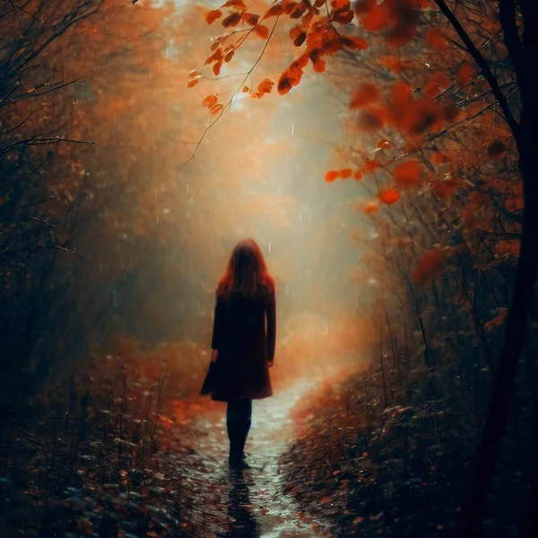 Tyttö Kävelee Syksyn Metsässä Sateessa — kuvapankkivalokuva