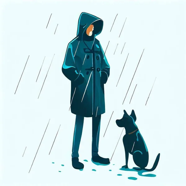 雨の中のレインコートの男犬のイラスト — ストック写真