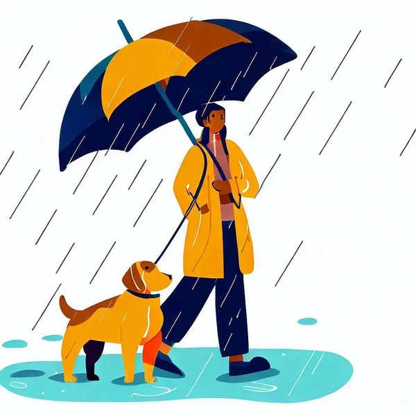 雨の中のレインコートの男犬のイラスト — ストック写真