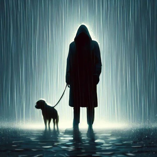 Uomo Impermeabile Sotto Pioggia Con Illustrazione Del Cane — Foto Stock