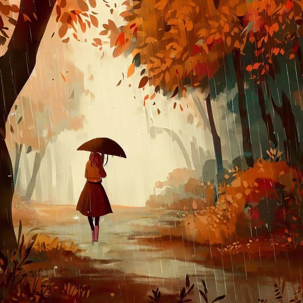 Uma Menina Caminha Pela Floresta Outono Uma Chuva Fotos De Bancos De Imagens