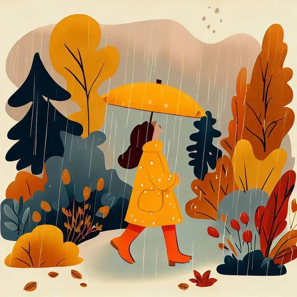 Uma Menina Caminha Pela Floresta Outono Uma Chuva Imagem De Stock