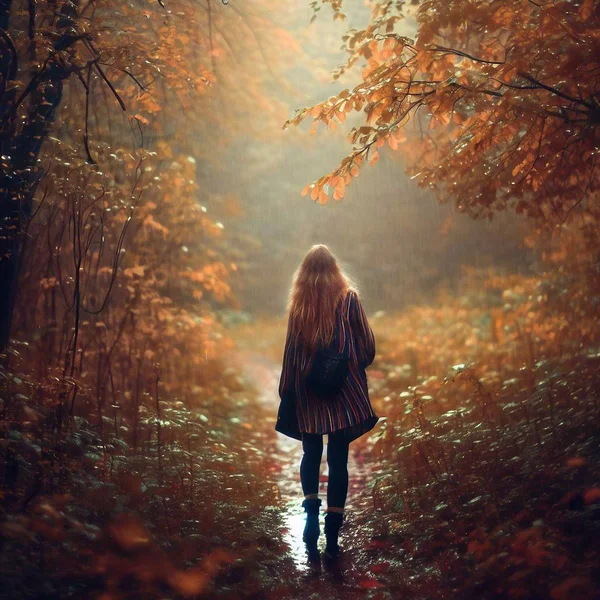Uma Menina Caminha Pela Floresta Outono Uma Chuva Imagens Royalty-Free