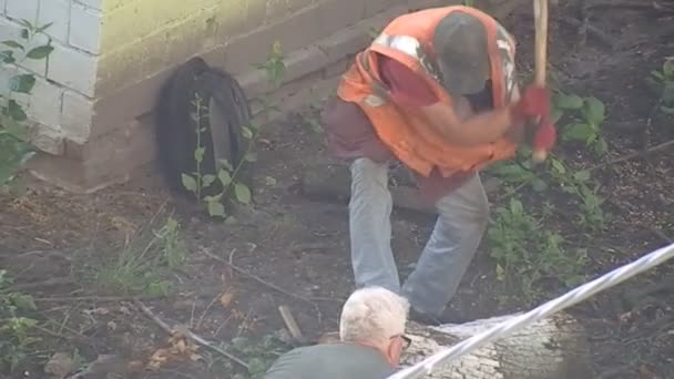 Kyiv Ukraine 2023 도끼로 쓰러진 나무의 그루터기를 옮기고 노동자 — 비디오