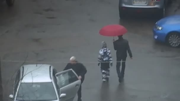 Киев Украина Марта 2024 Года Люди Идут Улице Зонтиком Дождем — стоковое видео