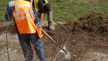 KYIV, UKRAINE - 1 Nisan 2024: Bölgede araçlarla çalışan işçiler