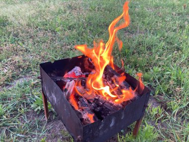 Barbekü ızgarası kömürde şiş pişirmek için yanıyor.