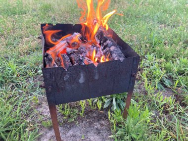 Barbekü ızgarası kömürde şiş pişirmek için yanıyor.