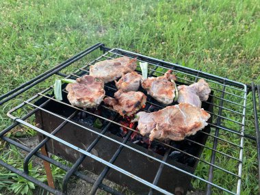 Barbekü ızgarası kömürde şiş pişirmek için yanıyor.