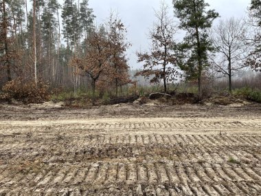 Toprağa oyulmuş derin bir yarığı gösteren çarpıcı bir görüntü, ağır inşaat ekipmanlarının geçişi ile oluşturulmuş..