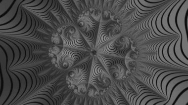 Siyah ve beyaz fraktallar hareket halinde. Geometrik figür 4k soyut çok renkli hareket grafikleri arkaplanının içindeki kamera. Ya da yoga, kulüpler, şovlar, mandala, fraktal animasyon için. Güzel parlak süs..