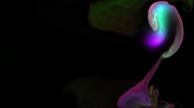 Çok renkli parlak boyalar parıltılı bir sıvıda hareket eder. Hipnoz için psikedelik soyutlama. Video jokeyi VJ için arka plan.